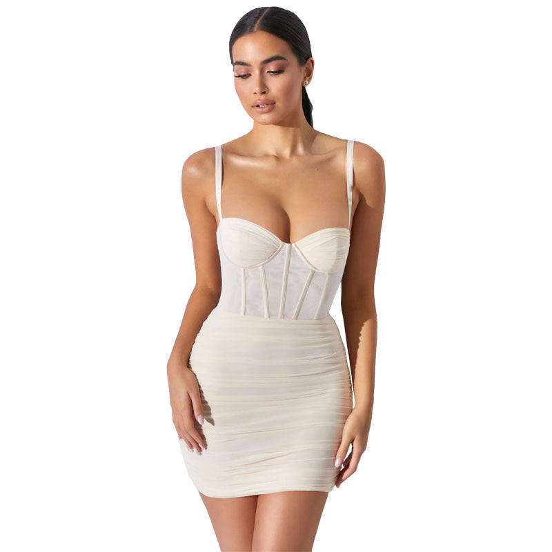 new mesh pleated backless stylish spaghetti strap maxi dress for summer