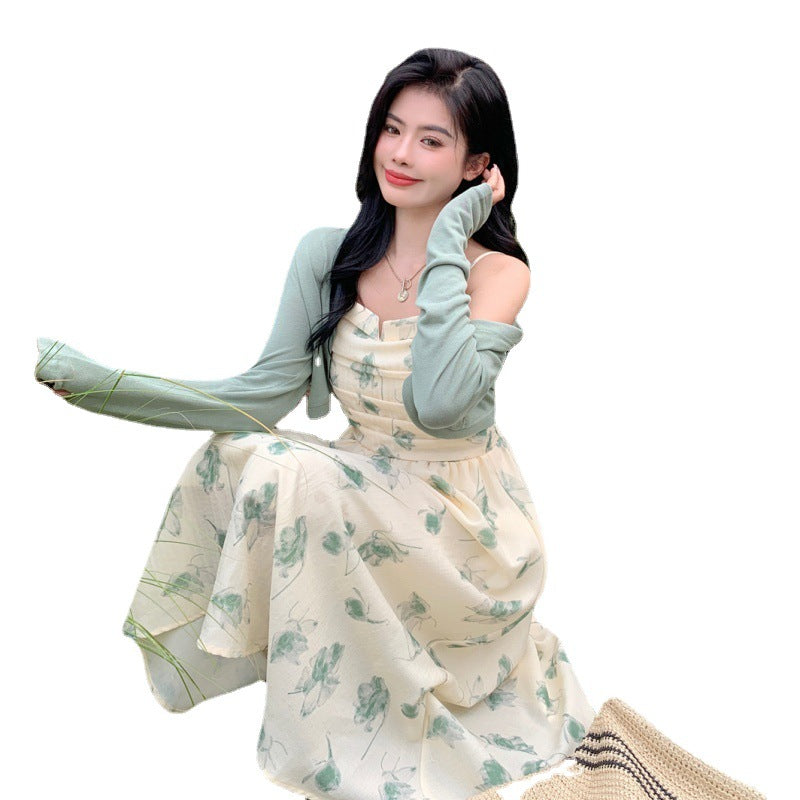 Summer New Floral Halter Dress + Thin Section Long-sleeved Sunscreen Cardigan Two-piece Set