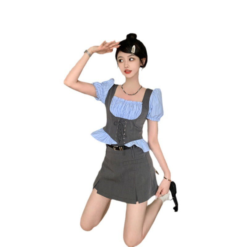 Summer new large size French fake two retro square collar drawstring thin shirt + half-body skirt pants suit