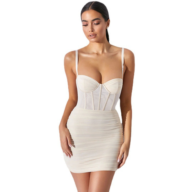 new mesh pleated backless stylish spaghetti strap maxi dress for summer