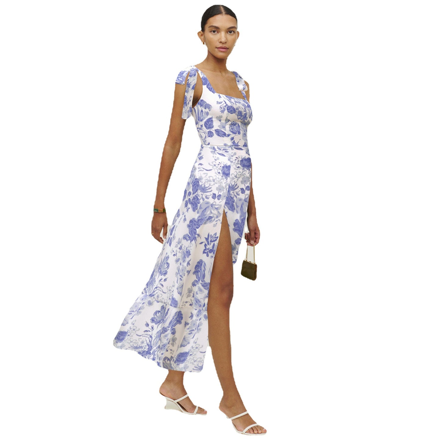 Spring and Summer New Europe and The United States Fashion Women's Sling Straps Bust Open Fork Floral Dress Temperament Elegant with Waist Belt