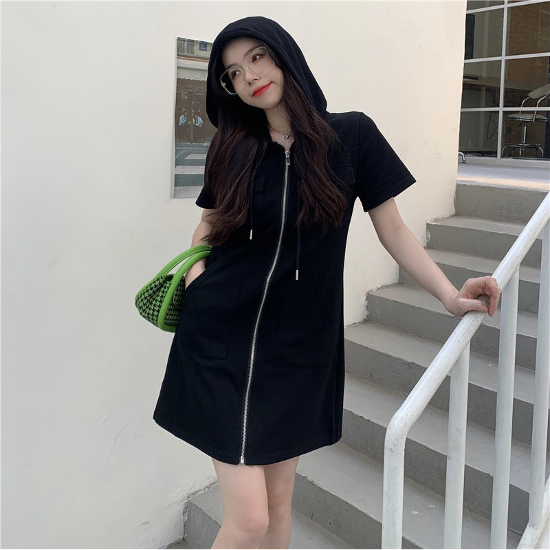 Summer new loose comfortable casual wind short-sleeved hooded zipper dress