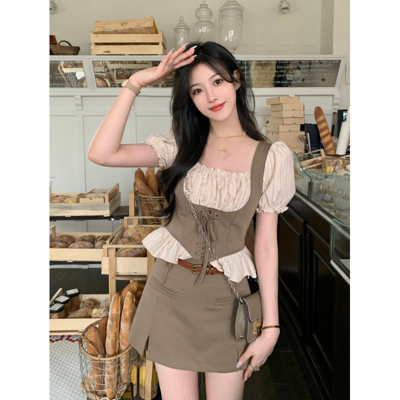 Summer new large size French fake two retro square collar drawstring thin shirt + half-body skirt pants suit