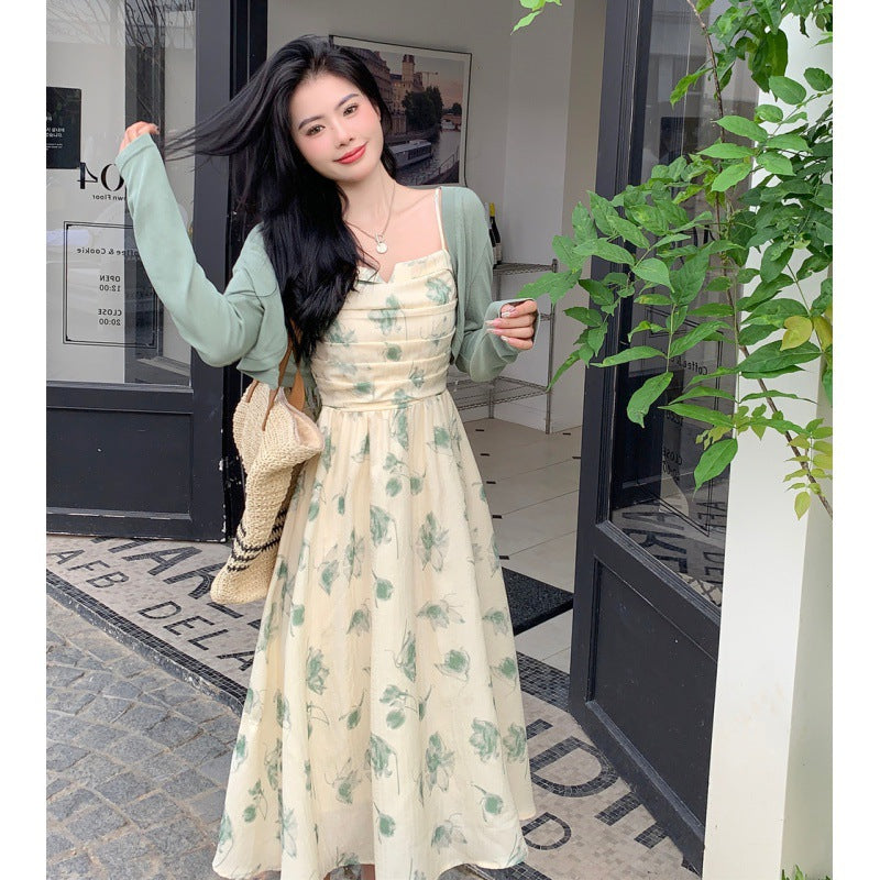 Summer New Floral Halter Dress + Thin Section Long-sleeved Sunscreen Cardigan Two-piece Set