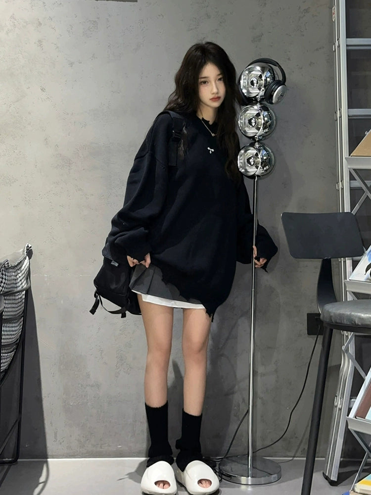Retro Sweater Women Fall and Winter New Street Black Loose Thin Knit Sweater Vintage Broken Holes Tops