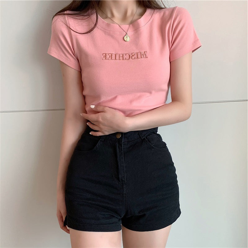2023 Summer New Korean Version of The Letters Embroidered Slim Short-sleeved T-shirt Female Students Tops Foreign Trade Women Tide