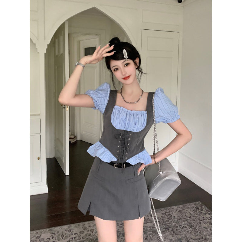 Summer new large size French fake two retro square collar drawstring thin shirt + half-body skirt pants suit