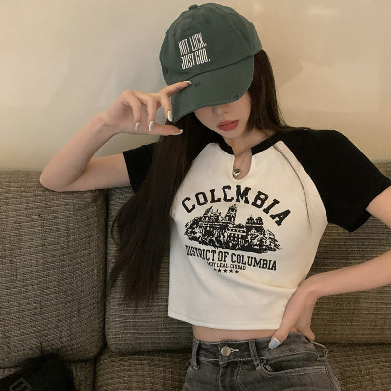 Spicy V-neck Short-sleeved T-shirt Female Summer 2023 New Sweet and Spicy American Retro Design Sense Short Student Tops Tide