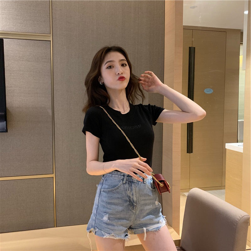 2023 Summer New Korean Version of The Letters Embroidered Slim Short-sleeved T-shirt Female Students Tops Foreign Trade Women Tide