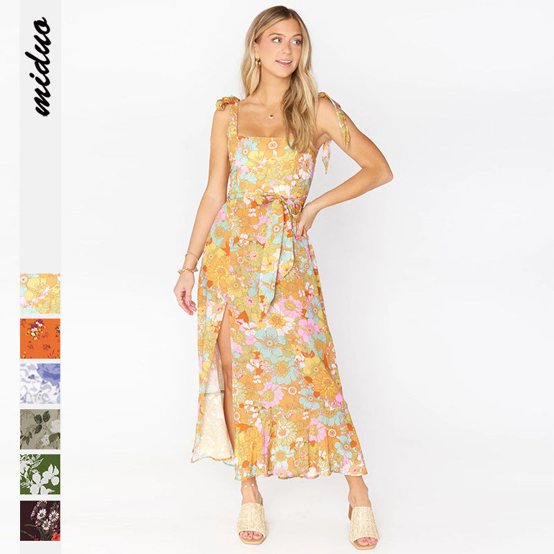 Spring and Summer New Europe and The United States Fashion Women's Sling Straps Bust Open Fork Floral Dress Temperament Elegant with Waist Belt