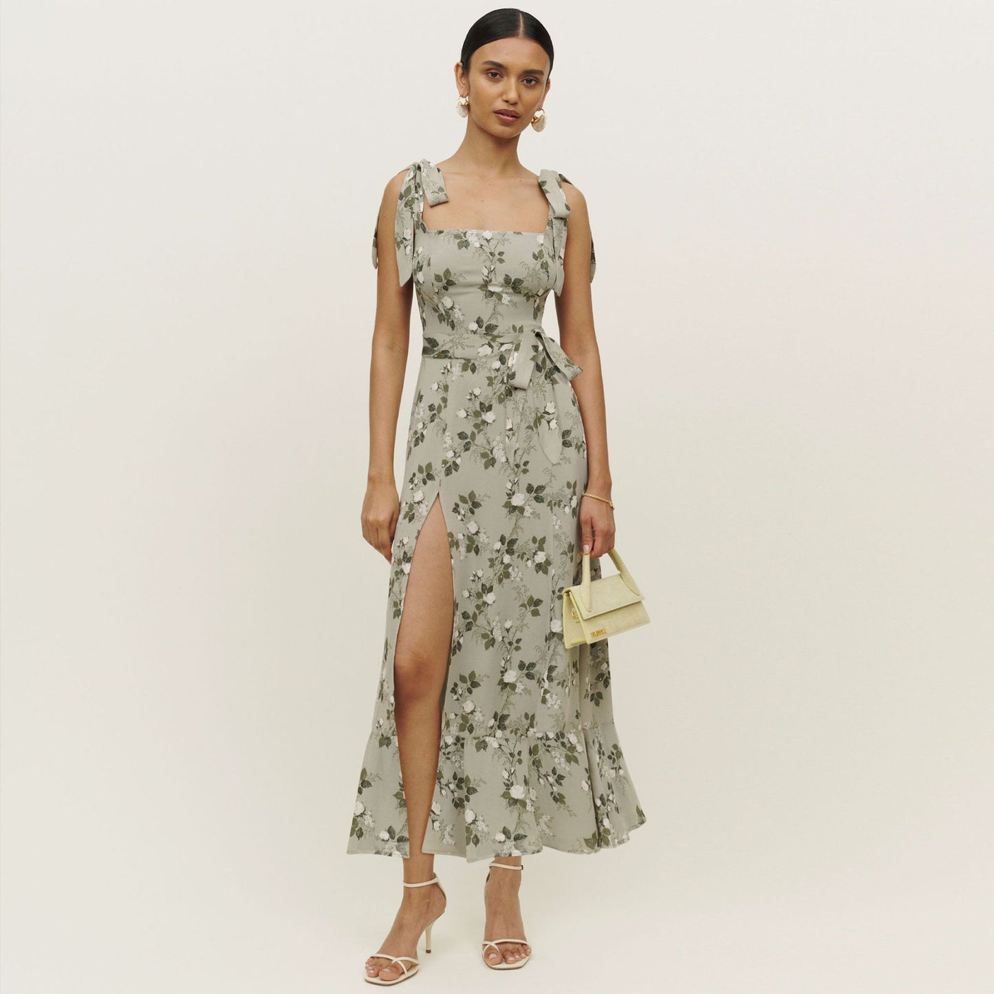 Spring and Summer New Europe and The United States Fashion Women's Sling Straps Bust Open Fork Floral Dress Temperament Elegant with Waist Belt