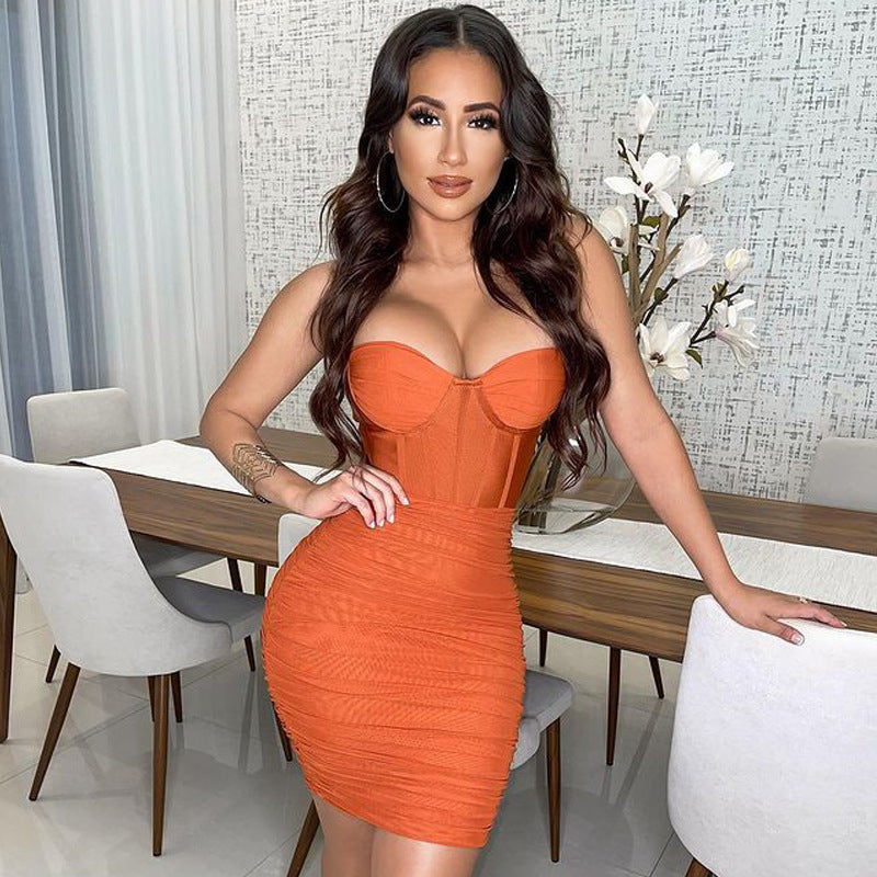 new mesh pleated backless stylish spaghetti strap maxi dress for summer