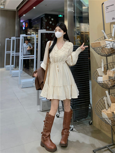 Large Size Senior Sense of Long-sleeved V-neck Dress Women Cover Belly Thin Skirt Fall New Suit