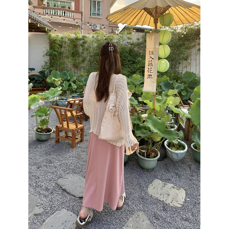 Summer new large size lazy wind knitted sunscreen smock + Slim long sling dress set