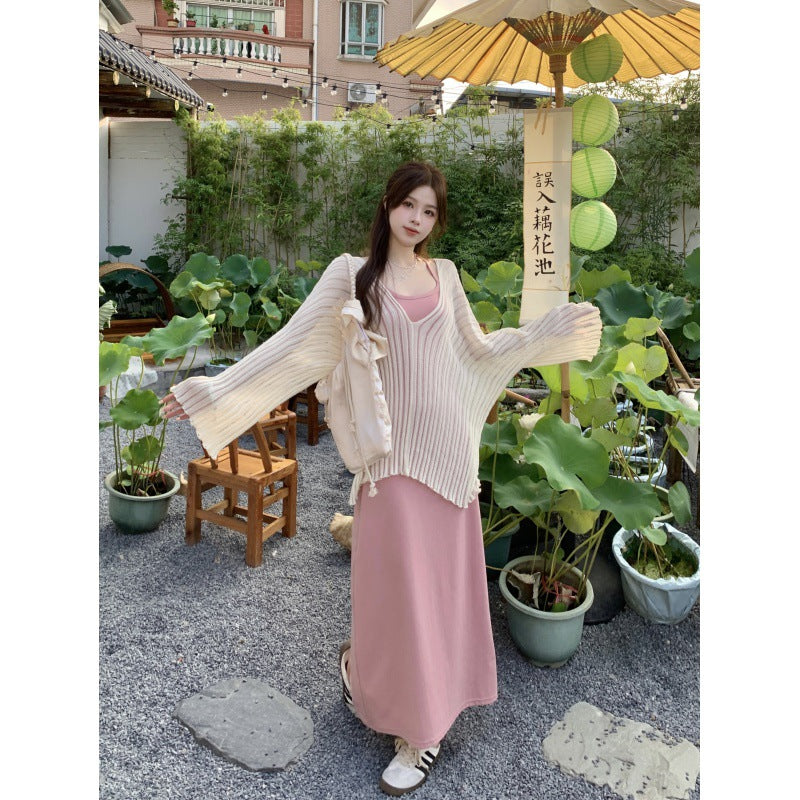 Summer new large size lazy wind knitted sunscreen smock + Slim long sling dress set