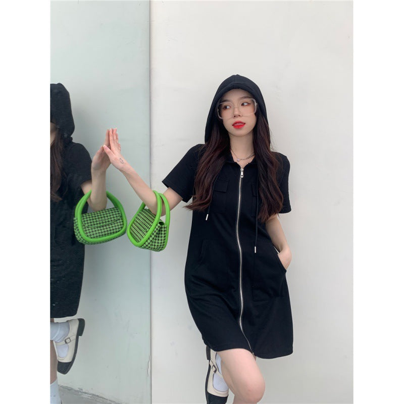 Summer new loose comfortable casual wind short-sleeved hooded zipper dress