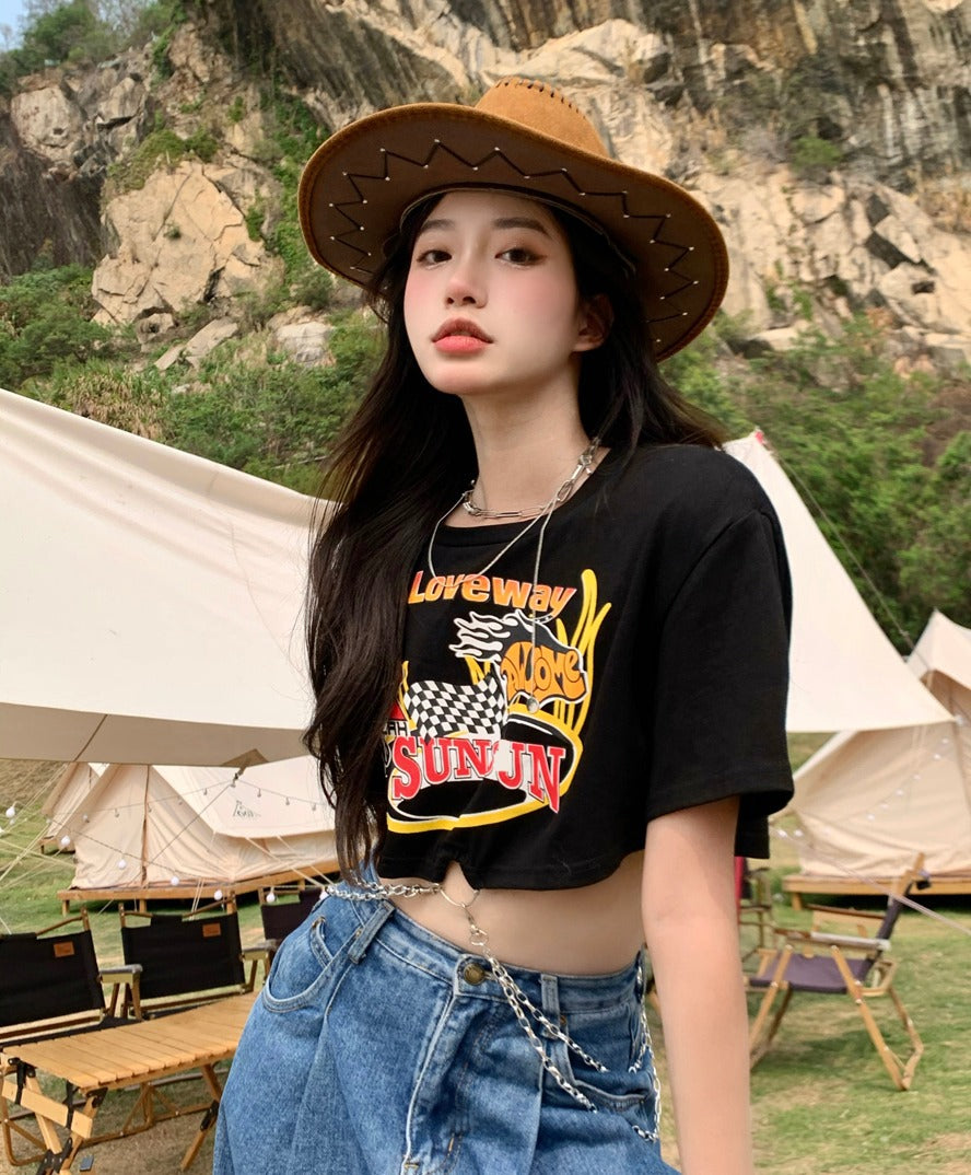 2023 Summer New Spicy Girl with Ins Tide T-shirt Female Design Sense Chain Short Section Exposed Umbilical Black Short-sleeved Tops