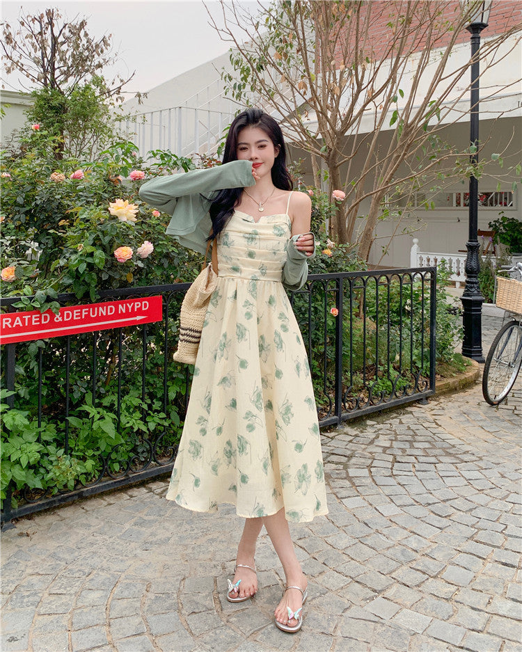 Summer New Floral Halter Dress + Thin Section Long-sleeved Sunscreen Cardigan Two-piece Set