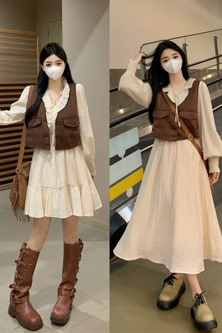 Large Size Senior Sense of Long-sleeved V-neck Dress Women Cover Belly Thin Skirt Fall New Suit