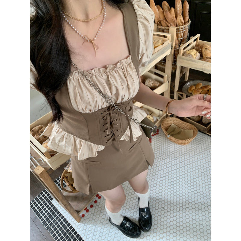 Summer new large size French fake two retro square collar drawstring thin shirt + half-body skirt pants suit