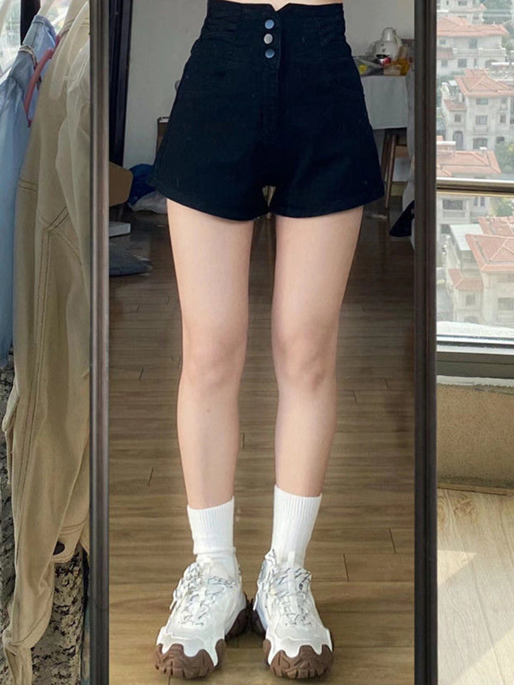 Black High-waisted Denim Shorts Women's Summer Thin Section Thin Covering Belly A Word Wide Leg Hot Pants