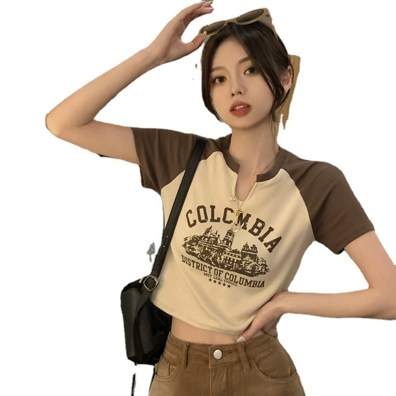 Spicy V-neck Short-sleeved T-shirt Female Summer 2023 New Sweet and Spicy American Retro Design Sense Short Student Tops Tide