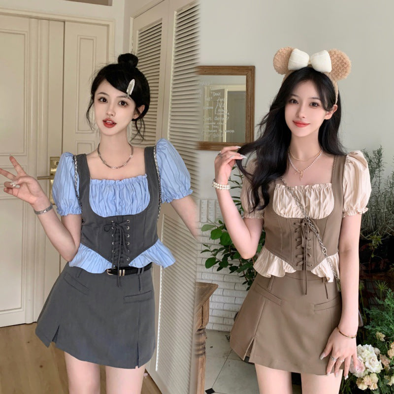 Summer new large size French fake two retro square collar drawstring thin shirt + half-body skirt pants suit