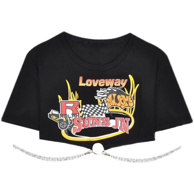 2023 Summer New Spicy Girl with Ins Tide T-shirt Female Design Sense Chain Short Section Exposed Umbilical Black Short-sleeved Tops