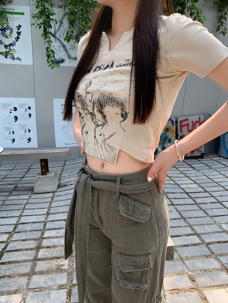 American Retro Short-sleeved T-shirt Female 2023 Summer Irregular Design Sense of Pure Desire Spicy Girl Short Student on Clothes