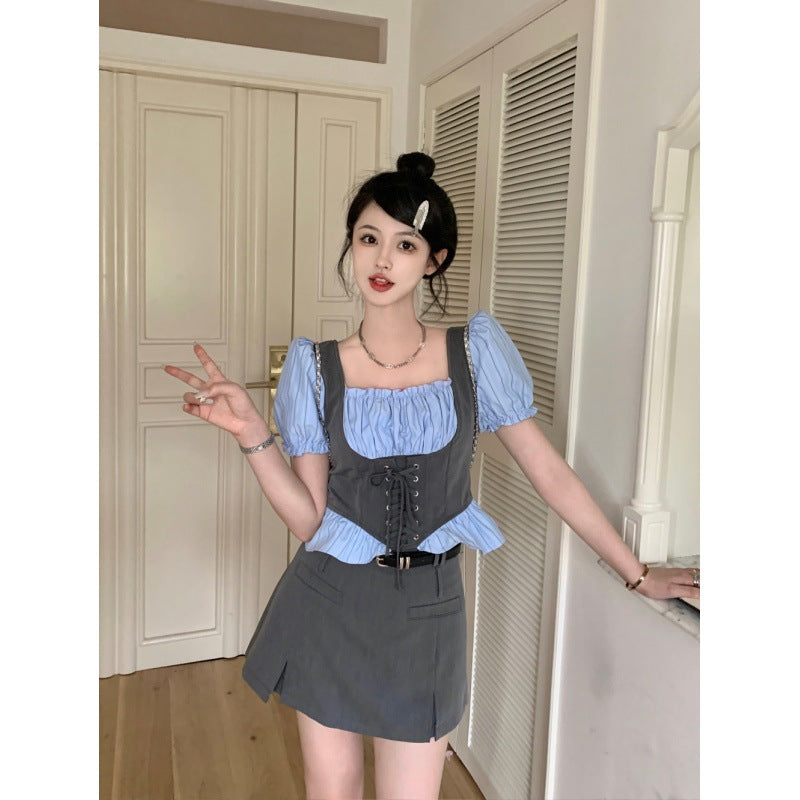 Summer new large size French fake two retro square collar drawstring thin shirt + half-body skirt pants suit