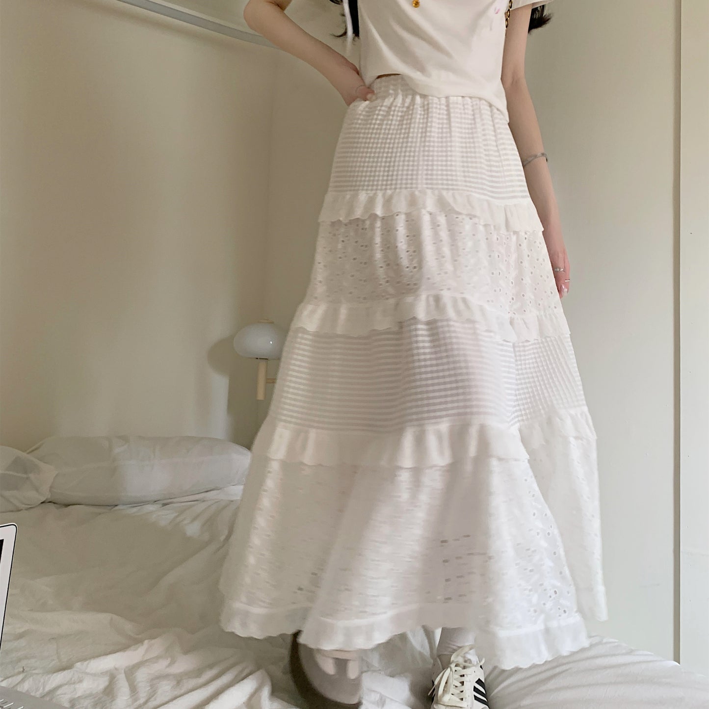 Plus Size High Waist A-Line White Halter Design Niche Lace Cake Skirt Long Skirt