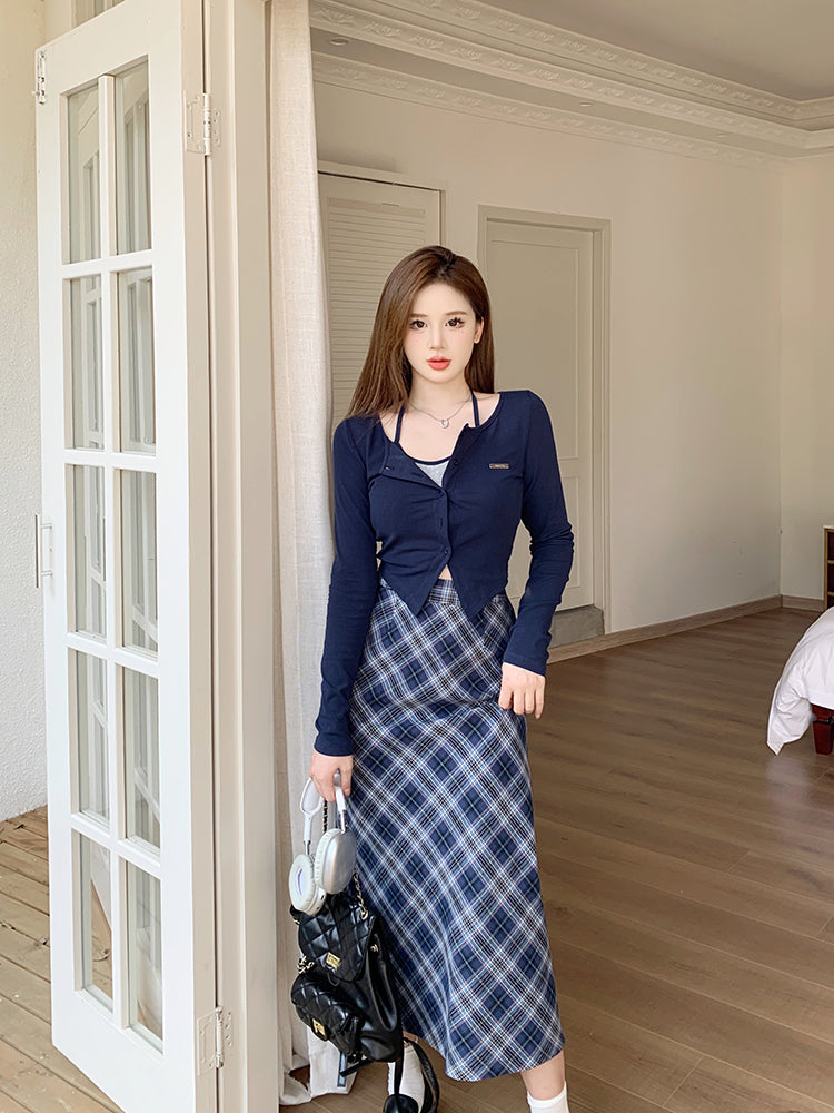 Big Size American Spice Girl Set 2023 Autumn Pure Desire Top Covering Flesh Skinny Skirt College Style Two Piece Set