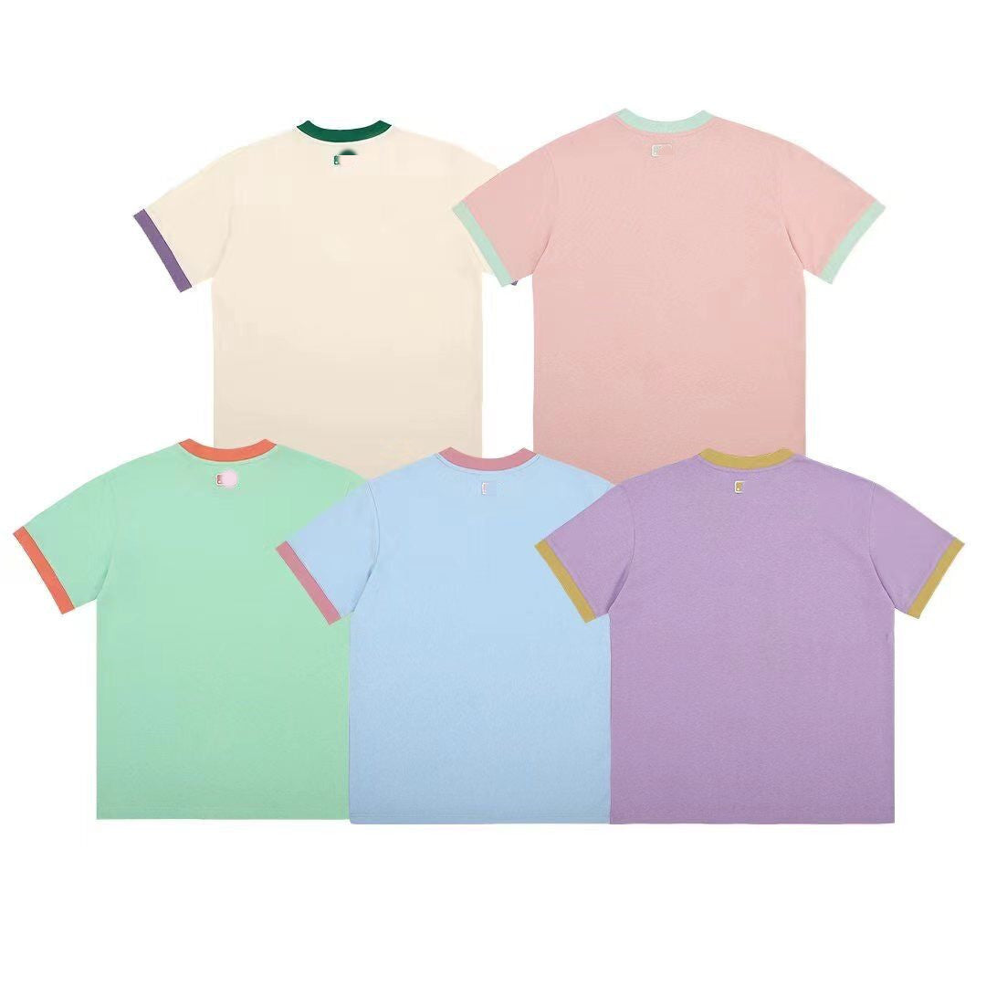 Tide 2023 New Summer Macaron Collision Color Stitching Short-sleeved Male and Female Couples Casual Ins Half-sleeve T-shirt