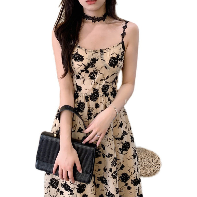 Summer New Hepburn Style Rose Print Halter Dress + Knitted Cardigan Two-piece Set