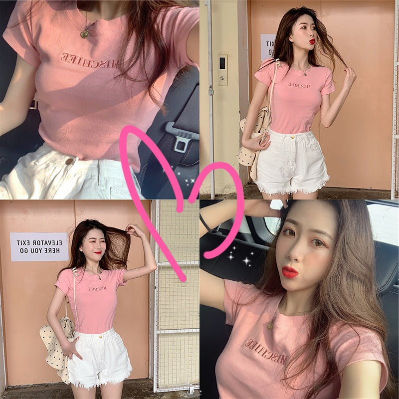2023 Summer New Korean Version of The Letters Embroidered Slim Short-sleeved T-shirt Female Students Tops Foreign Trade Women Tide