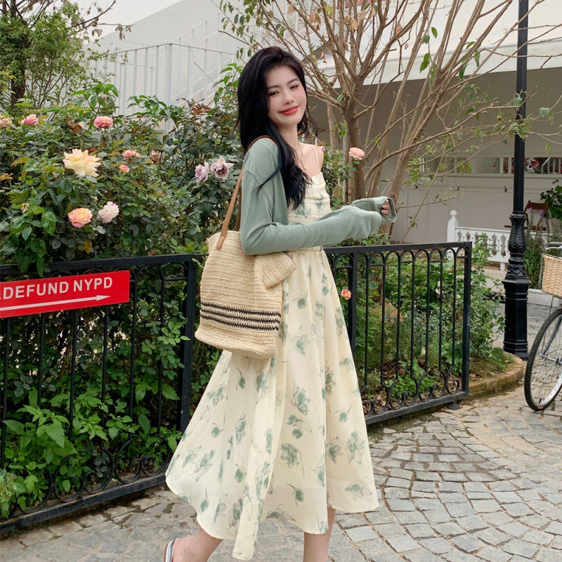 Summer New Floral Halter Dress + Thin Section Long-sleeved Sunscreen Cardigan Two-piece Set