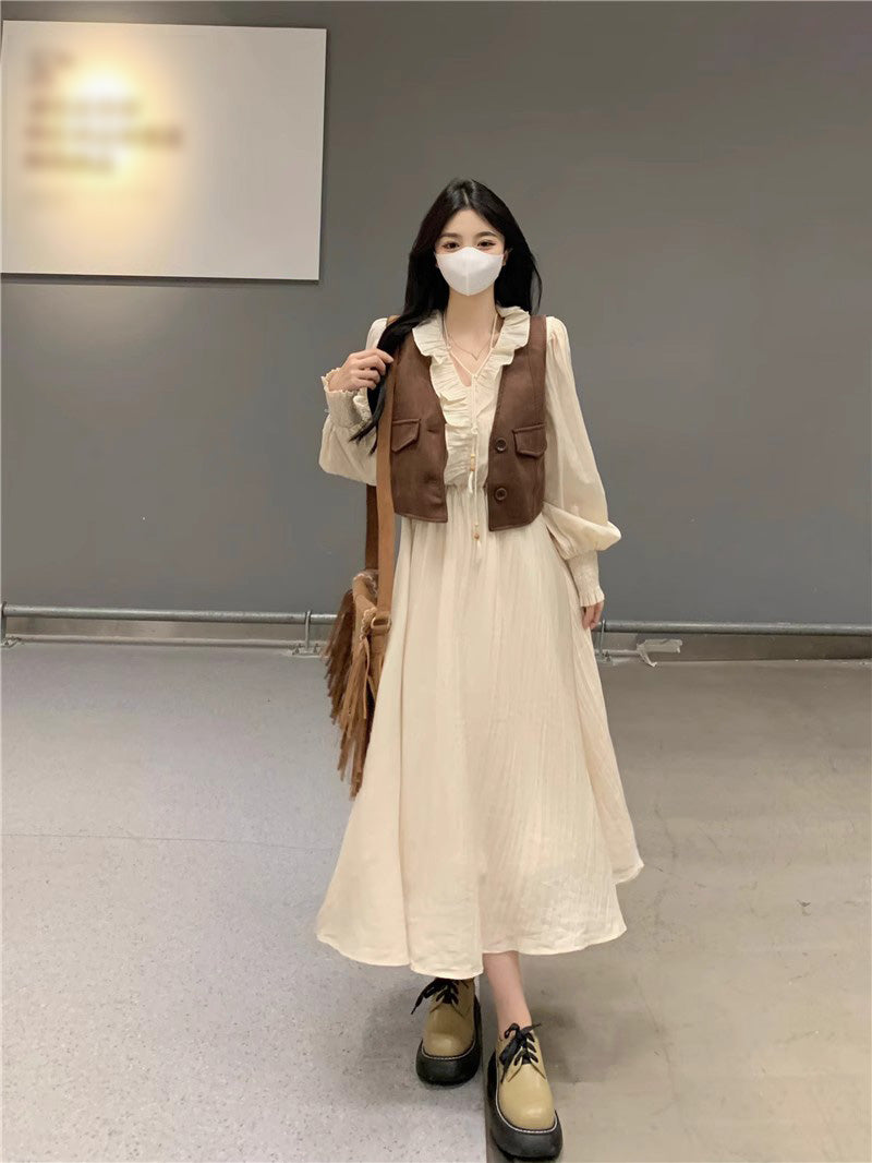 Large Size Senior Sense of Long-sleeved V-neck Dress Women Cover Belly Thin Skirt Fall New Suit