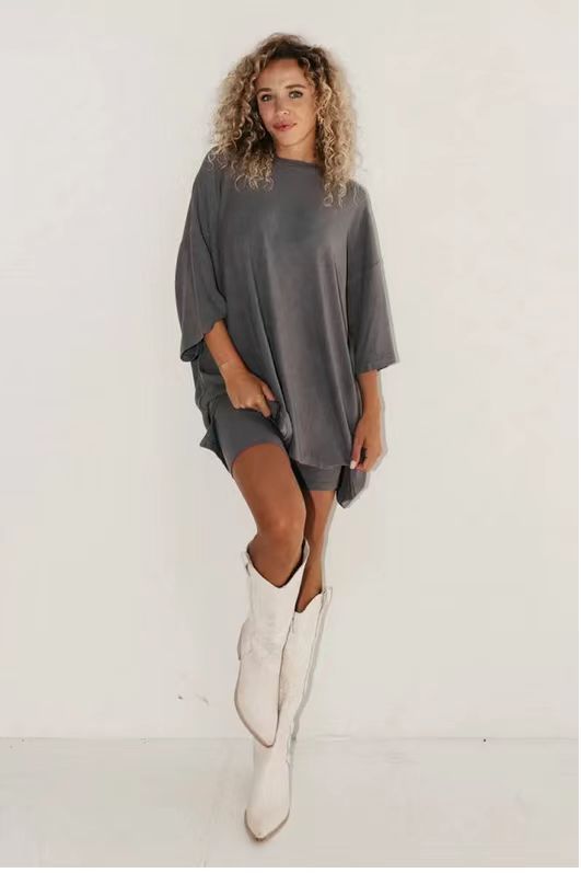 Women 2 Piece Outfit Sets Casual Oversized T-Shirt Tops Biker Shorts Workout Sports Tracksuit