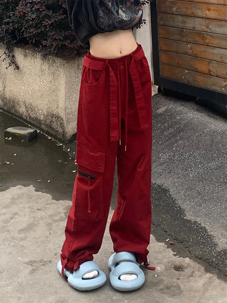 Red straight work pants female spring and autumn new high-waisted loose thin casual dragging wide leg pants tide