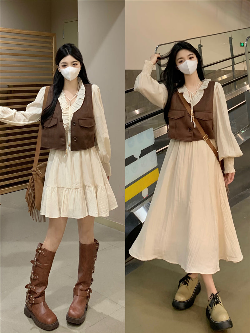 Large Size Senior Sense of Long-sleeved V-neck Dress Women Cover Belly Thin Skirt Fall New Suit
