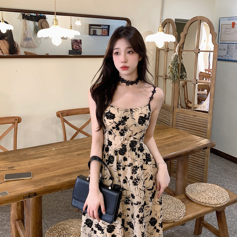 Summer New Hepburn Style Rose Print Halter Dress + Knitted Cardigan Two-piece Set