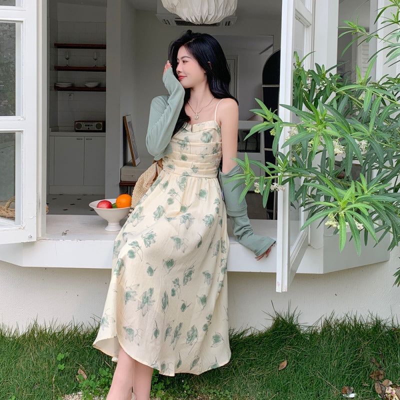 Summer New Floral Halter Dress + Thin Section Long-sleeved Sunscreen Cardigan Two-piece Set