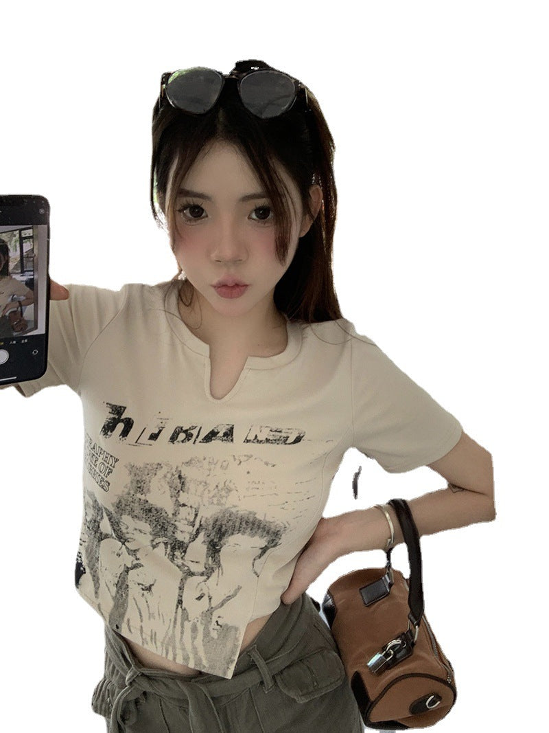 American Retro Short-sleeved T-shirt Female 2023 Summer Irregular Design Sense of Pure Desire Spicy Girl Short Student on Clothes