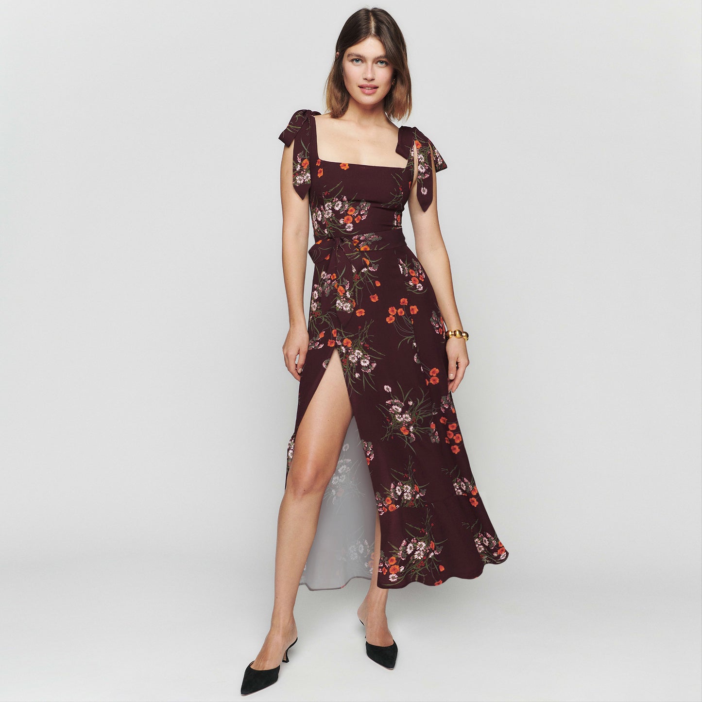Spring and Summer New Europe and The United States Fashion Women's Sling Straps Bust Open Fork Floral Dress Temperament Elegant with Waist Belt