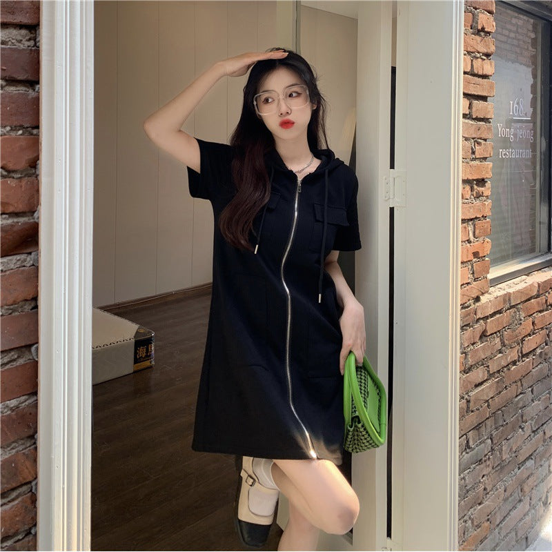 Summer new loose comfortable casual wind short-sleeved hooded zipper dress