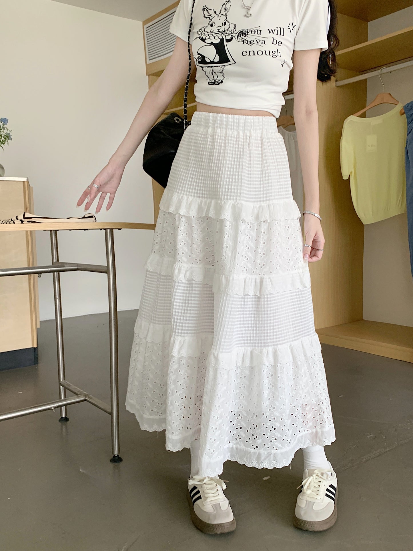 Plus Size High Waist A-Line White Halter Design Niche Lace Cake Skirt Long Skirt