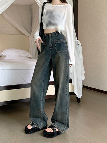 Big Size Design Jeans American High Street Fall 2023 New Women's High-waisted Draped Wide-leg Pants