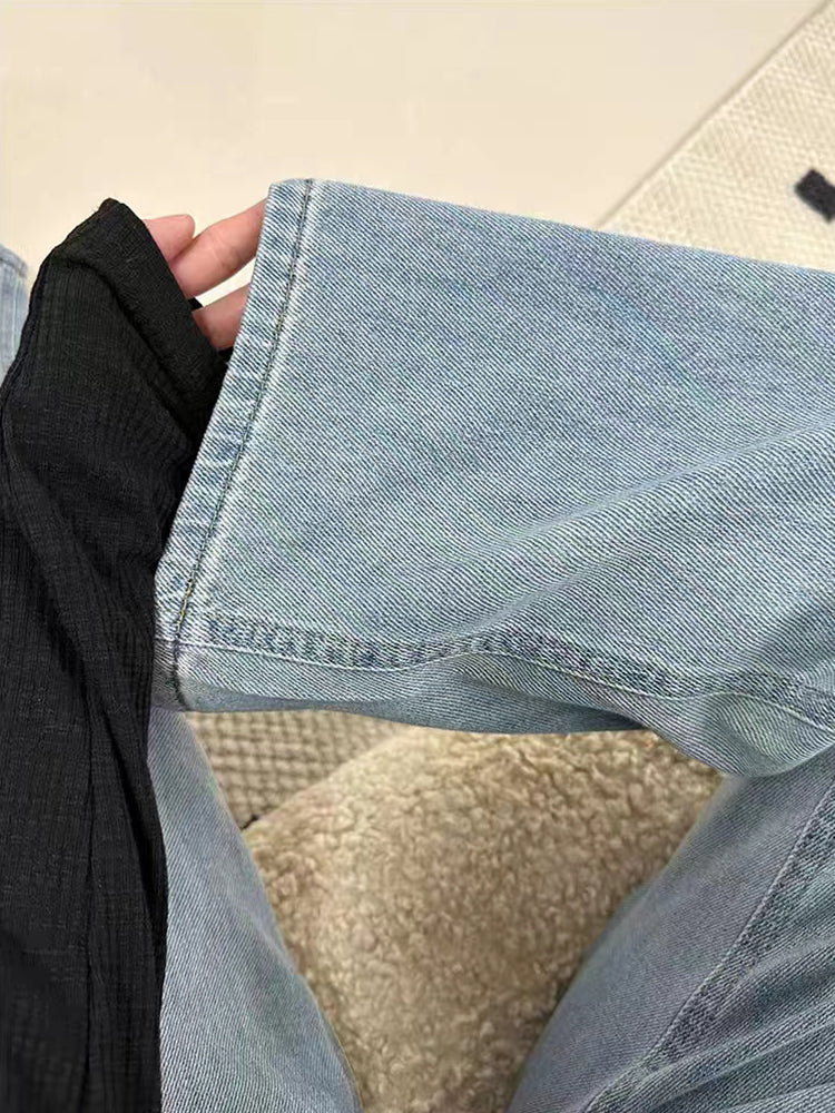 Light Blue Straight Jeans Female New High-waisted Loose Thin Large Yards Irregular Wide Leg Pants