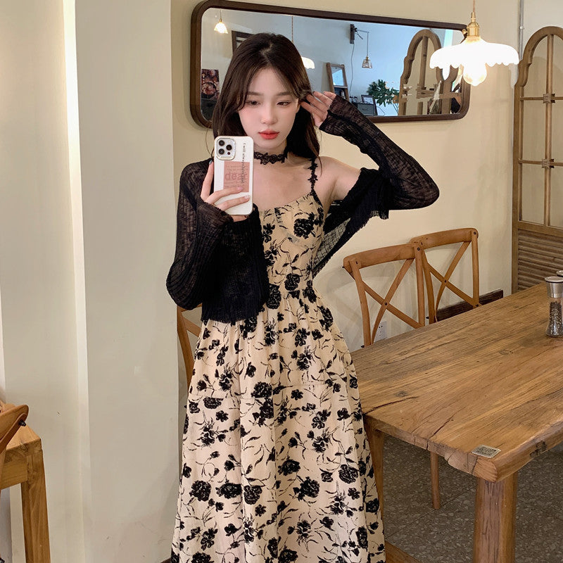 Summer New Hepburn Style Rose Print Halter Dress + Knitted Cardigan Two-piece Set