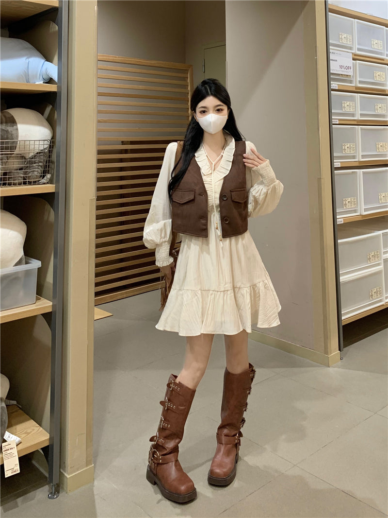 Large Size Senior Sense of Long-sleeved V-neck Dress Women Cover Belly Thin Skirt Fall New Suit